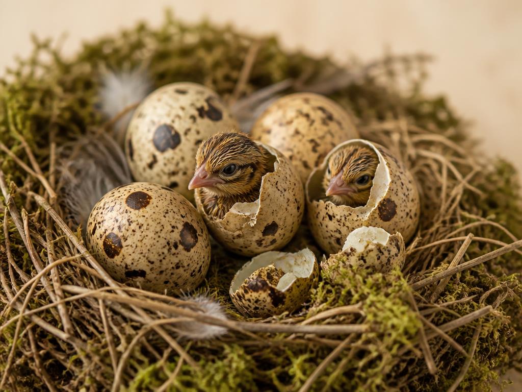 Fertile quail hatching eggs in a straw nest at Quail Eggs Wales farm